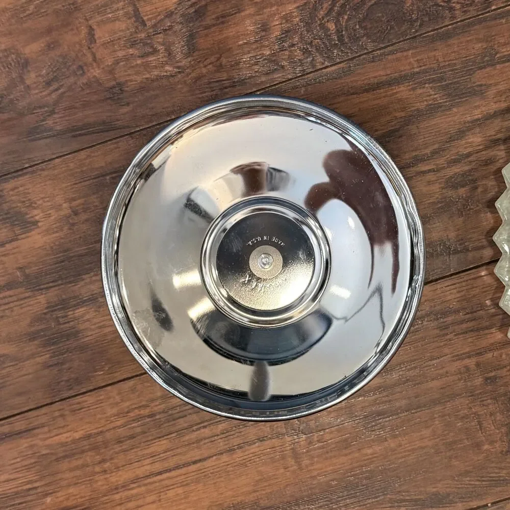 Vtg Kromex Sculptura Lazy Susan w Avocado Trim Chrome Lid Turntable in Box, A2